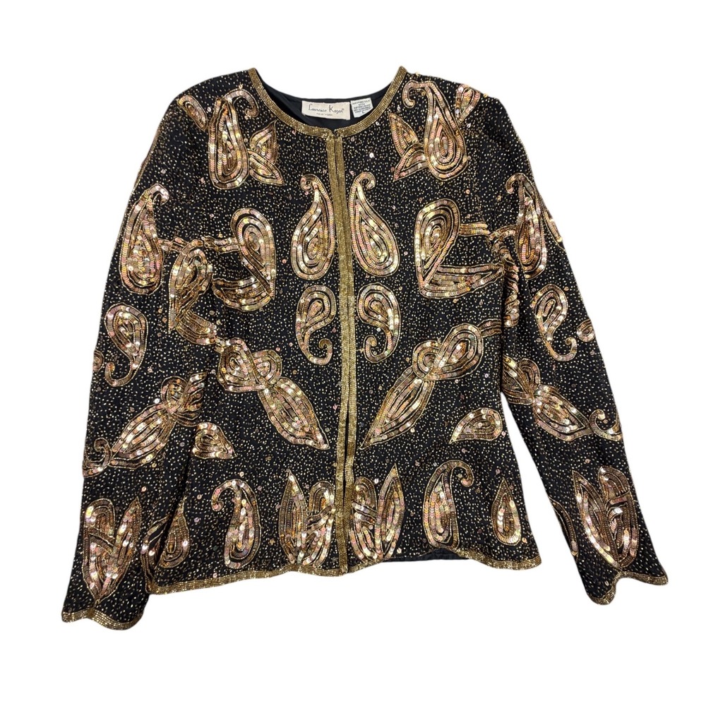 Laurence Kazar Women Jacket Sequin Beaded Paisley Silk Formal Black Gold L